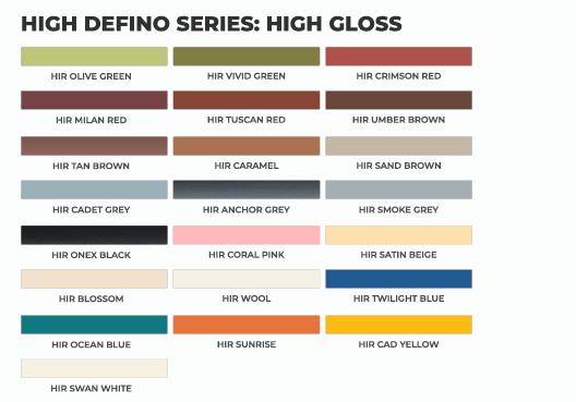 HIR HIGH GLOSS — available shades chart